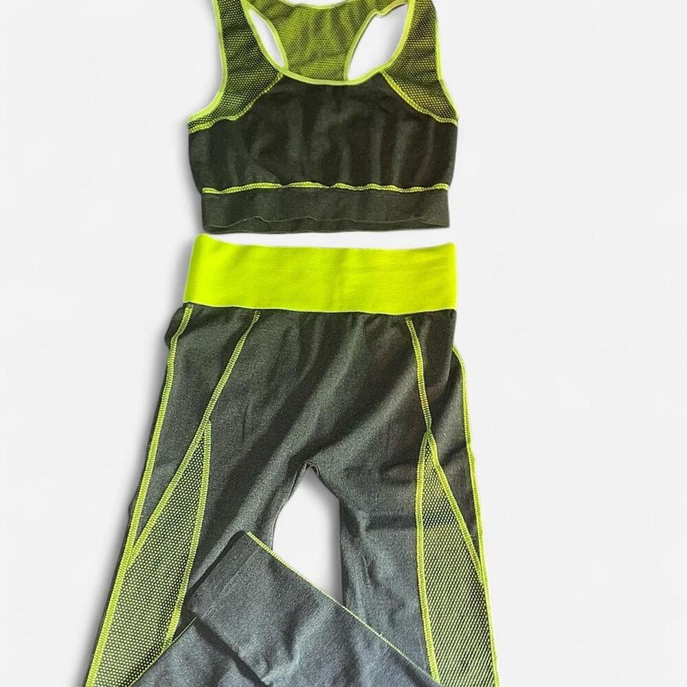 Blue Star Neon Yellow Lime Charcoal Leggings Sports Bra Set - Size L/XL
